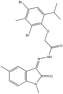 2-(2,4-dibromo-6-isopropyl-3-methylphenoxy)-N'-(1,5-dimethyl-2-oxo-1,2-dihydro-3H-indol-3-ylidene)acetohydrazide Struktur