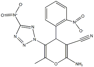 2-amino-4-{2-nitrophenyl}-5-{5-nitro-2H-tetraazol-2-yl}-6-methyl-4H-pyran-3-carbonitrile Struktur