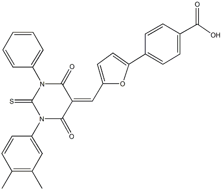 4-{5-[(1-(3,4-dimethylphenyl)-4,6-dioxo-3-phenyl-2-thioxotetrahydro-5(2H)-pyrimidinylidene)methyl]-2-furyl}benzoic acid Struktur