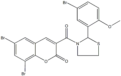 6,8-dibromo-3-{[2-(5-bromo-2-methoxyphenyl)-1,3-thiazolidin-3-yl]carbonyl}-2H-chromen-2-one Struktur