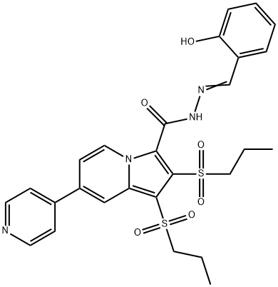 N'-(2-hydroxybenzylidene)-1,2-bis(propylsulfonyl)-7-(4-pyridinyl)-3-indolizinecarbohydrazide Struktur