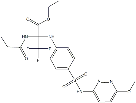 ethyl 3,3,3-trifluoro-2-(4-{[(6-methoxy-3-pyridazinyl)amino]sulfonyl}anilino)-2-(propionylamino)propanoate Struktur