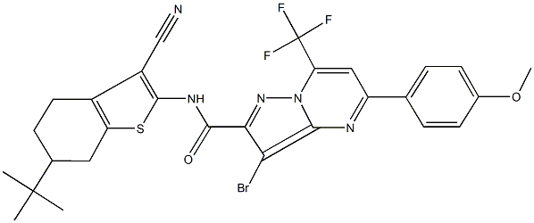 3-bromo-N-(6-tert-butyl-3-cyano-4,5,6,7-tetrahydro-1-benzothien-2-yl)-5-(4-methoxyphenyl)-7-(trifluoromethyl)pyrazolo[1,5-a]pyrimidine-2-carboxamide Struktur