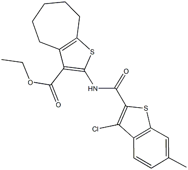 ethyl 2-{[(3-chloro-6-methyl-1-benzothien-2-yl)carbonyl]amino}-5,6,7,8-tetrahydro-4H-cyclohepta[b]thiophene-3-carboxylate Struktur