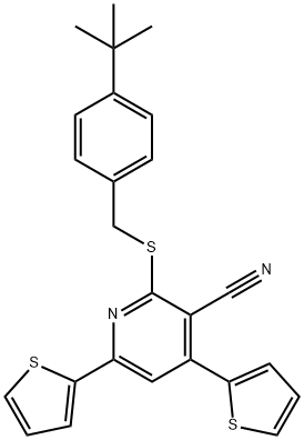 2-[(4-tert-butylbenzyl)sulfanyl]-4,6-di(2-thienyl)nicotinonitrile Struktur