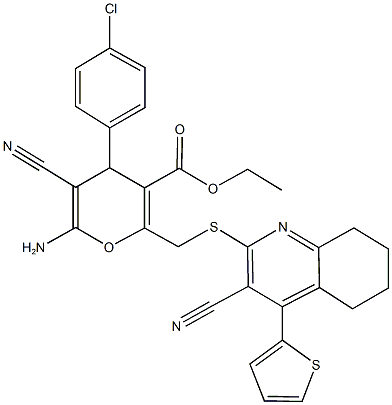 ethyl 6-amino-4-(4-chlorophenyl)-5-cyano-2-({[3-cyano-4-(2-thienyl)-5,6,7,8-tetrahydro-2-quinolinyl]sulfanyl}methyl)-4H-pyran-3-carboxylate Struktur