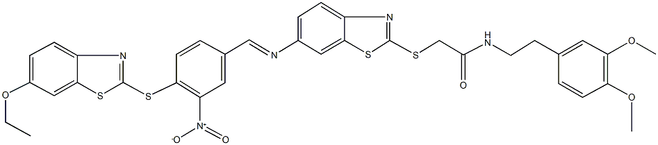 N-[2-(3,4-dimethoxyphenyl)ethyl]-2-{[6-({4-[(6-ethoxy-1,3-benzothiazol-2-yl)sulfanyl]-3-nitrobenzylidene}amino)-1,3-benzothiazol-2-yl]sulfanyl}acetamide Struktur