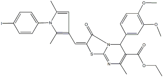 ethyl 5-(3,4-dimethoxyphenyl)-2-{[1-(4-iodophenyl)-2,5-dimethyl-1H-pyrrol-3-yl]methylene}-7-methyl-3-oxo-2,3-dihydro-5H-[1,3]thiazolo[3,2-a]pyrimidine-6-carboxylate Struktur