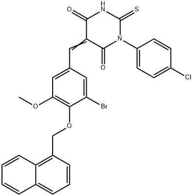 5-[3-bromo-5-methoxy-4-(1-naphthylmethoxy)benzylidene]-1-(4-chlorophenyl)-2-thioxodihydro-4,6(1H,5H)-pyrimidinedione Struktur