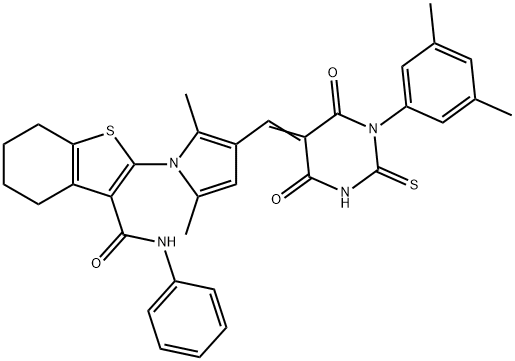 2-{3-[(1-(3,5-dimethylphenyl)-4,6-dioxo-2-thioxotetrahydro-5(2H)-pyrimidinylidene)methyl]-2,5-dimethyl-1H-pyrrol-1-yl}-N-phenyl-4,5,6,7-tetrahydro-1-benzothiophene-3-carboxamide Struktur