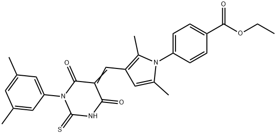 ethyl 4-{3-[(1-(3,5-dimethylphenyl)-4,6-dioxo-2-thioxotetrahydro-5(2H)-pyrimidinylidene)methyl]-2,5-dimethyl-1H-pyrrol-1-yl}benzoate Struktur