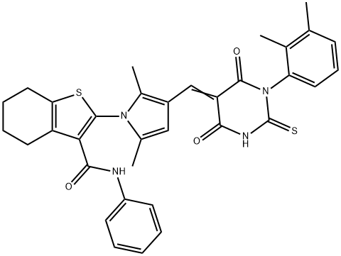 2-{3-[(1-(2,3-dimethylphenyl)-4,6-dioxo-2-thioxotetrahydro-5(2H)-pyrimidinylidene)methyl]-2,5-dimethyl-1H-pyrrol-1-yl}-N-phenyl-4,5,6,7-tetrahydro-1-benzothiophene-3-carboxamide Struktur