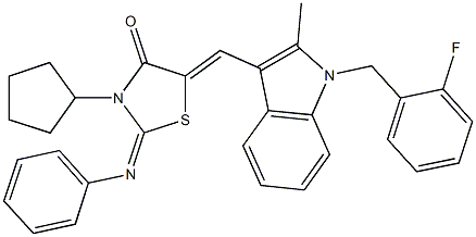 3-cyclopentyl-5-{[1-(2-fluorobenzyl)-2-methyl-1H-indol-3-yl]methylene}-2-(phenylimino)-1,3-thiazolidin-4-one Struktur