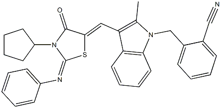 2-[(3-{[3-cyclopentyl-4-oxo-2-(phenylimino)-1,3-thiazolidin-5-ylidene]methyl}-2-methyl-1H-indol-1-yl)methyl]benzonitrile Struktur