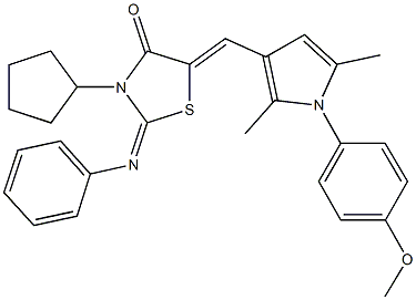 3-cyclopentyl-5-{[1-(4-methoxyphenyl)-2,5-dimethyl-1H-pyrrol-3-yl]methylene}-2-(phenylimino)-1,3-thiazolidin-4-one Struktur