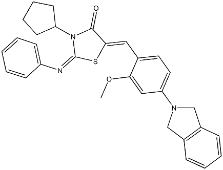 3-cyclopentyl-5-[4-(1,3-dihydro-2H-isoindol-2-yl)-2-methoxybenzylidene]-2-(phenylimino)-1,3-thiazolidin-4-one Struktur