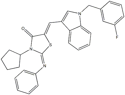 3-cyclopentyl-5-{[1-(3-fluorobenzyl)-1H-indol-3-yl]methylene}-2-(phenylimino)-1,3-thiazolidin-4-one Struktur