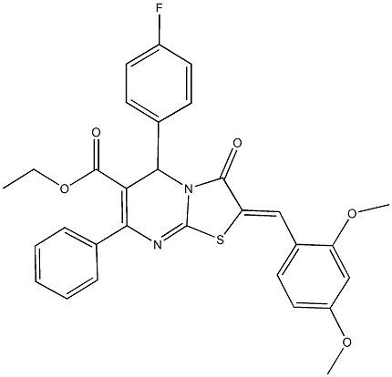 ethyl 2-(2,4-dimethoxybenzylidene)-5-(4-fluorophenyl)-3-oxo-7-phenyl-2,3-dihydro-5H-[1,3]thiazolo[3,2-a]pyrimidine-6-carboxylate Struktur