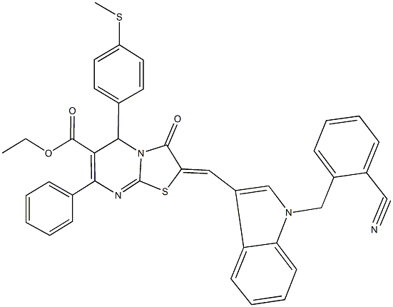 ethyl 2-{[1-(2-cyanobenzyl)-1H-indol-3-yl]methylene}-5-[4-(methylsulfanyl)phenyl]-3-oxo-7-phenyl-2,3-dihydro-5H-[1,3]thiazolo[3,2-a]pyrimidine-6-carboxylate Struktur