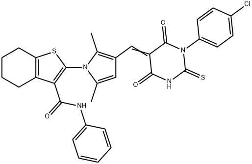 2-{3-[(1-(4-chlorophenyl)-4,6-dioxo-2-thioxotetrahydro-5(2H)-pyrimidinylidene)methyl]-2,5-dimethyl-1H-pyrrol-1-yl}-N-phenyl-4,5,6,7-tetrahydro-1-benzothiophene-3-carboxamide Struktur