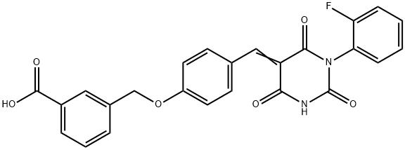 3-({4-[(1-(2-fluorophenyl)-2,4,6-trioxotetrahydro-5(2H)-pyrimidinylidene)methyl]phenoxy}methyl)benzoic acid Struktur