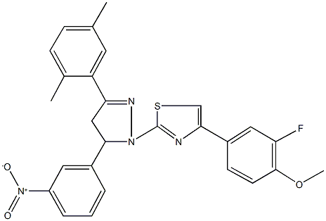 2-(3-(2,5-dimethylphenyl)-5-{3-nitrophenyl}-4,5-dihydro-1H-pyrazol-1-yl)-4-(3-fluoro-4-methoxyphenyl)-1,3-thiazole Struktur