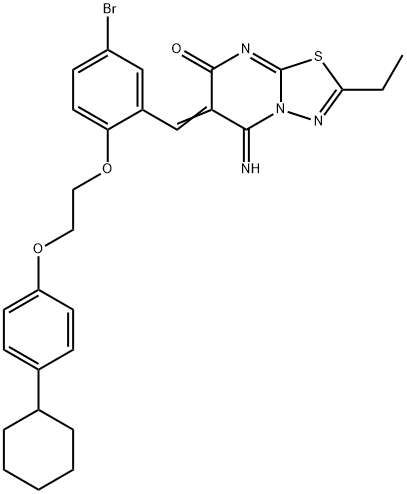 6-{5-bromo-2-[2-(4-cyclohexylphenoxy)ethoxy]benzylidene}-2-ethyl-5-imino-5,6-dihydro-7H-[1,3,4]thiadiazolo[3,2-a]pyrimidin-7-one Struktur