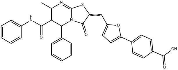 4-{5-[(6-(anilinocarbonyl)-7-methyl-3-oxo-5-phenyl-5H-[1,3]thiazolo[3,2-a]pyrimidin-2(3H)-ylidene)methyl]-2-furyl}benzoic acid Struktur