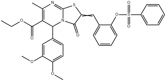 ethyl 5-(3,4-dimethoxyphenyl)-7-methyl-3-oxo-2-{2-[(phenylsulfonyl)oxy]benzylidene}-2,3-dihydro-5H-[1,3]thiazolo[3,2-a]pyrimidine-6-carboxylate Struktur