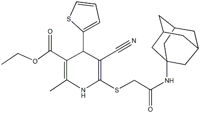 ethyl 6-{[2-(1-adamantylamino)-2-oxoethyl]sulfanyl}-5-cyano-2-methyl-4-(2-thienyl)-1,4-dihydro-3-pyridinecarboxylate Struktur