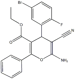 ethyl 6-amino-4-(5-bromo-2-fluorophenyl)-5-cyano-2-phenyl-4H-pyran-3-carboxylate Struktur