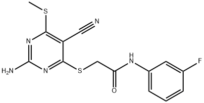 2-{[2-amino-5-cyano-6-(methylsulfanyl)-4-pyrimidinyl]sulfanyl}-N-(3-fluorophenyl)acetamide Struktur