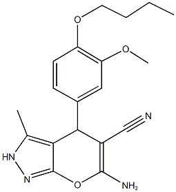 6-amino-4-(4-butoxy-3-methoxyphenyl)-3-methyl-2,4-dihydropyrano[2,3-c]pyrazole-5-carbonitrile Struktur