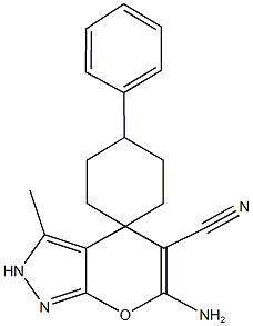 6-amino-5-cyano-3-methyl-2,4-dihydro-1'-phenylspiro[pyrano[2,3-c]pyrazole-4,4'-cyclohaxane] Struktur