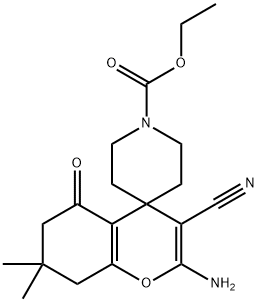 2-amino-3-cyano-7,7-dimethyl-1'-ethoxycarbonyl-5-oxo-5,6,7,8-tetrahydrospiro[4H-chromene-4,4'-piperidine] Struktur