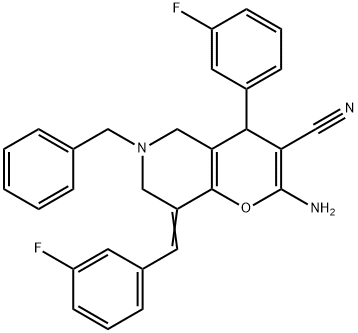 2-amino-6-benzyl-8-(3-fluorobenzylidene)-4-(3-fluorophenyl)-5,6,7,8-tetrahydro-4H-pyrano[3,2-c]pyridine-3-carbonitrile Struktur