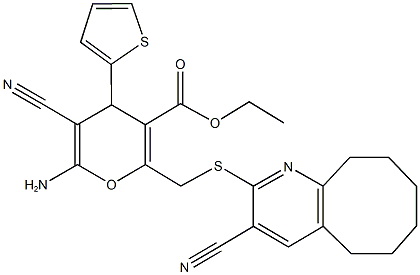 ethyl 6-amino-5-cyano-2-{[(3-cyano-5,6,7,8,9,10-hexahydrocycloocta[b]pyridin-2-yl)sulfanyl]methyl}-4-(2-thienyl)-4H-pyran-3-carboxylate Struktur