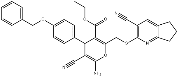 ethyl 6-amino-4-[4-(benzyloxy)phenyl]-5-cyano-2-{[(3-cyano-6,7-dihydro-5H-cyclopenta[b]pyridin-2-yl)sulfanyl]methyl}-4H-pyran-3-carboxylate Struktur