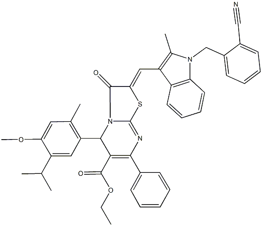 ethyl 2-{[1-(2-cyanobenzyl)-2-methyl-1H-indol-3-yl]methylene}-5-(5-isopropyl-4-methoxy-2-methylphenyl)-3-oxo-7-phenyl-2,3-dihydro-5H-[1,3]thiazolo[3,2-a]pyrimidine-6-carboxylate Struktur