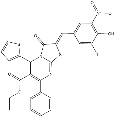 ethyl 2-{4-hydroxy-3-nitro-5-iodobenzylidene}-3-oxo-7-phenyl-5-(2-thienyl)-2,3-dihydro-5H-[1,3]thiazolo[3,2-a]pyrimidine-6-carboxylate Struktur