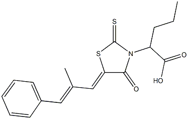 2-[5-(2-methyl-3-phenyl-2-propenylidene)-4-oxo-2-thioxo-1,3-thiazolidin-3-yl]pentanoic acid Struktur