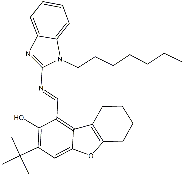 3-tert-butyl-1-{[(1-heptyl-1H-benzimidazol-2-yl)imino]methyl}-6,7,8,9-tetrahydrodibenzo[b,d]furan-2-ol Struktur