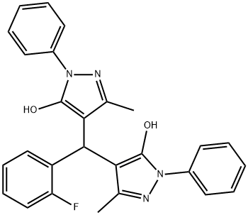 4-[(2-fluorophenyl)(5-hydroxy-3-methyl-1-phenyl-1H-pyrazol-4-yl)methyl]-3-methyl-1-phenyl-1H-pyrazol-5-ol Struktur