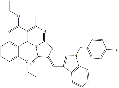 ethyl 5-(2-ethoxyphenyl)-2-{[1-(4-fluorobenzyl)-1H-indol-3-yl]methylene}-7-methyl-3-oxo-2,3-dihydro-5H-[1,3]thiazolo[3,2-a]pyrimidine-6-carboxylate Struktur