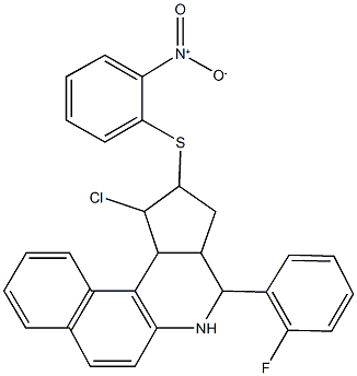 1-chloro-4-(2-fluorophenyl)-2-({2-nitrophenyl}sulfanyl)-2,3,3a,4,5,11c-hexahydro-1H-benzo[f]cyclopenta[c]quinoline Struktur