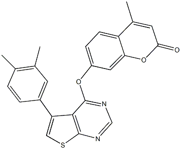 7-{[5-(3,4-dimethylphenyl)thieno[2,3-d]pyrimidin-4-yl]oxy}-4-methyl-2H-chromen-2-one Struktur