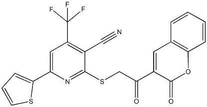 2-{[2-oxo-2-(2-oxo-2H-chromen-3-yl)ethyl]sulfanyl}-6-(2-thienyl)-4-(trifluoromethyl)nicotinonitrile Struktur