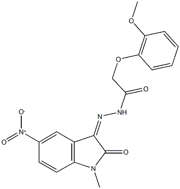 N'-{5-nitro-1-methyl-2-oxo-1,2-dihydro-3H-indol-3-ylidene}-2-(2-methoxyphenoxy)acetohydrazide Struktur