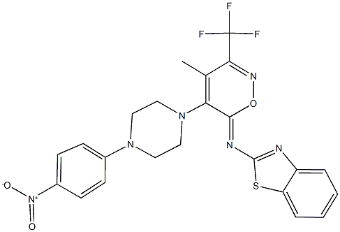 2-{[5-(4-{4-nitrophenyl}-1-piperazinyl)-4-methyl-3-(trifluoromethyl)-6H-1,2-oxazin-6-ylidene]amino}-1,3-benzothiazole Struktur