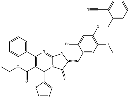 ethyl 2-{2-bromo-4-[(2-cyanobenzyl)oxy]-5-methoxybenzylidene}-3-oxo-7-phenyl-5-(2-thienyl)-2,3-dihydro-5H-[1,3]thiazolo[3,2-a]pyrimidine-6-carboxylate Struktur